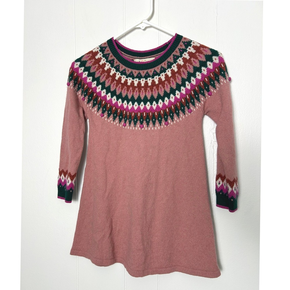 Mini Boden Sweater Dress Girls 7-8Y Pink Fair Isle Nordic Wool Blend Holiday